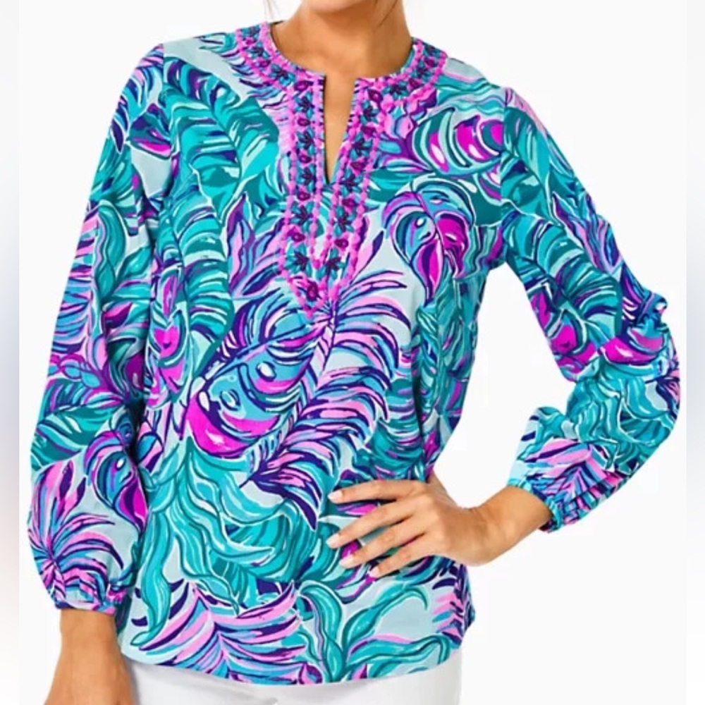 Lilly Pulitzer Sz L Coretta Tunic Seasalt Blue Dont Wanna Leaf Purple